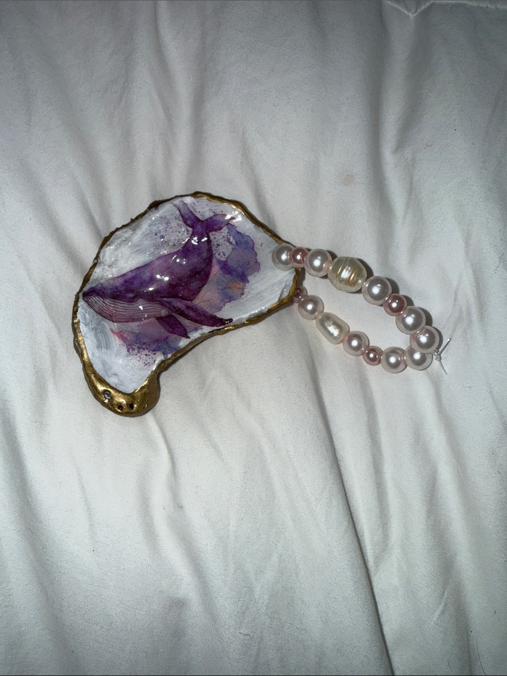 Oyster Shell Whale Ornament with Pink and White Pearlescent Beads